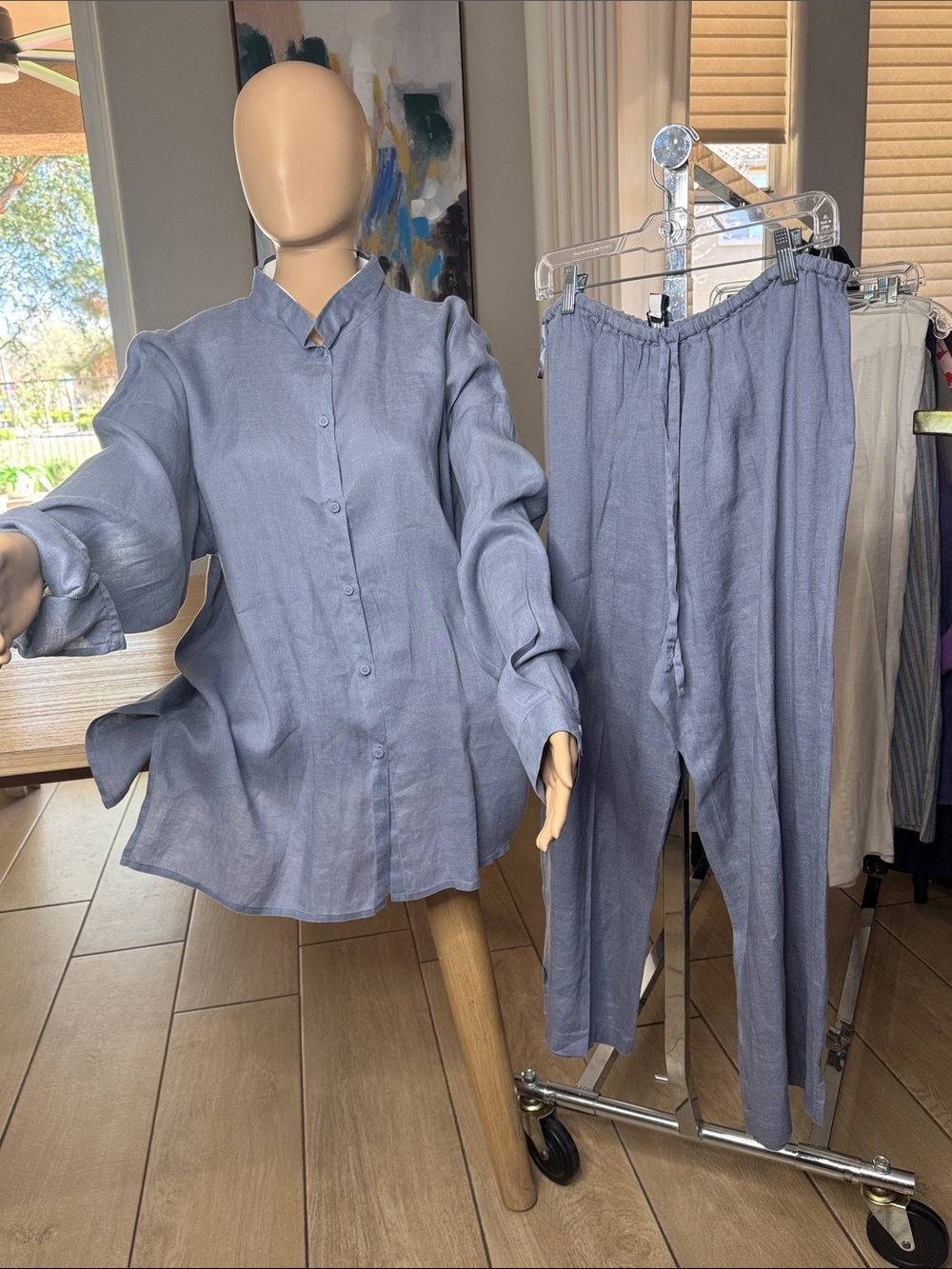 Eileen Fisher Irish Linen 2 Piece Set L Blue Gray Button Shirt Pull On Pants
